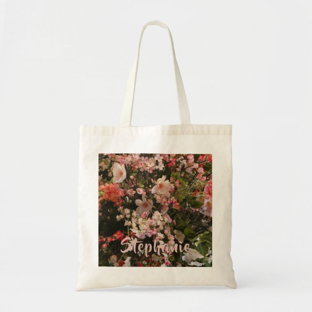 Many Pink White Flowers Floral Personalised Name Tote Bag (Front)