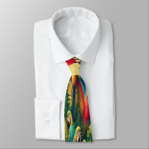 Many Small Parrots Among Tropical Foliage Tie