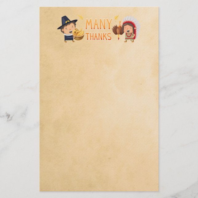 Many Thanks Pilgrim And Native Grateful Together Stationery (Front)
