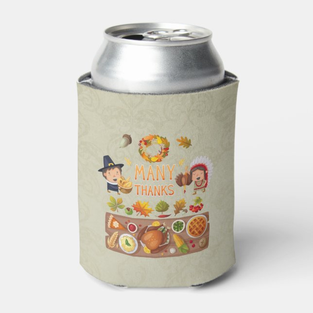 Many Thanks Pilgrim And Native Thanksgiving Feast Can Cooler (Can Front)