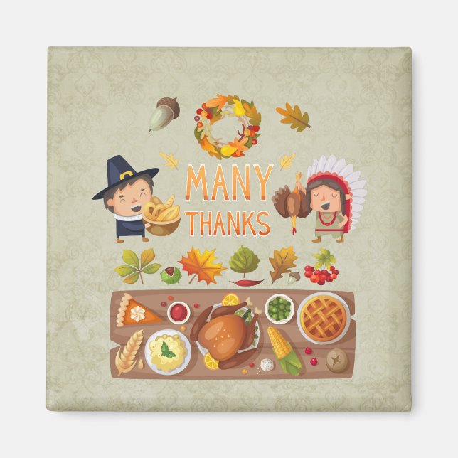 Many Thanks Pilgrim And Native Thanksgiving Feast Magnet (Front)