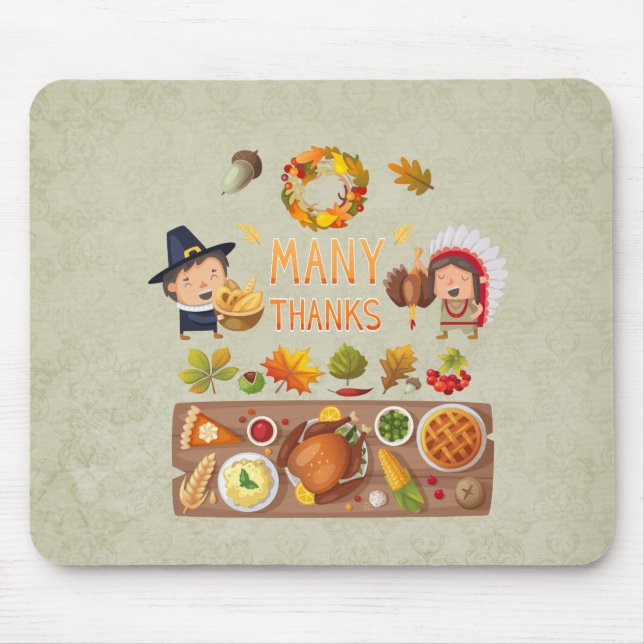 Many Thanks Pilgrim And Native Thanksgiving Feast Mouse Mat (Front)