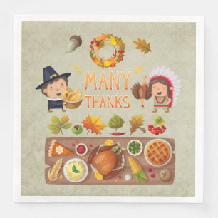 Many Thanks Pilgrim And Native Thanksgiving Feast Napkin