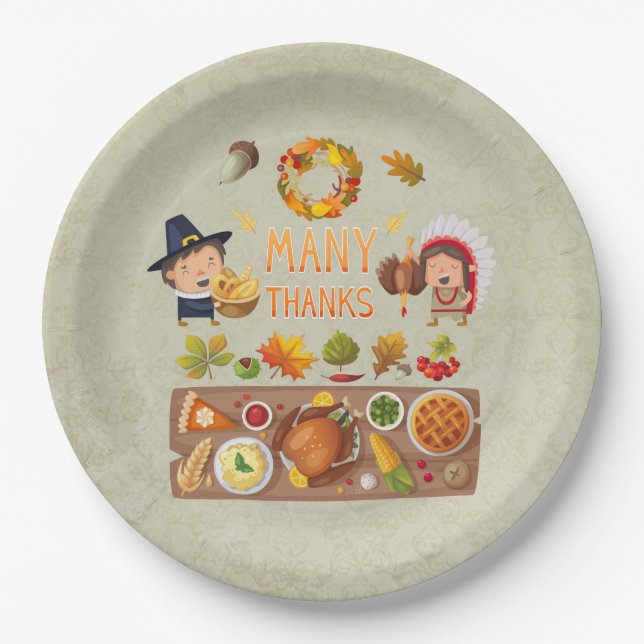 Many Thanks Pilgrim And Native Thanksgiving Feast Paper Plate (Front)