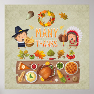 Many Thanks Pilgrim And Native Thanksgiving Feast Poster
