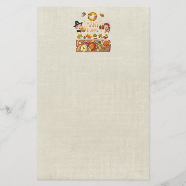 Many Thanks Pilgrim And Native Thanksgiving Feast Stationery (Front)