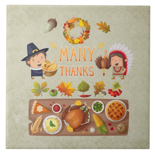 Many Thanks Pilgrim And Native Thanksgiving Feast Tile (Front)