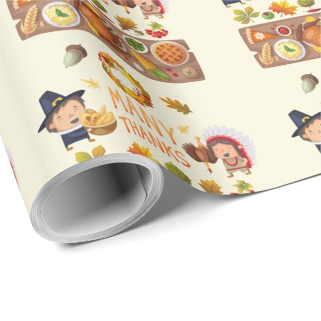 Many Thanks Pilgrim And Native Thanksgiving Feast Wrapping Paper (Roll Corner)