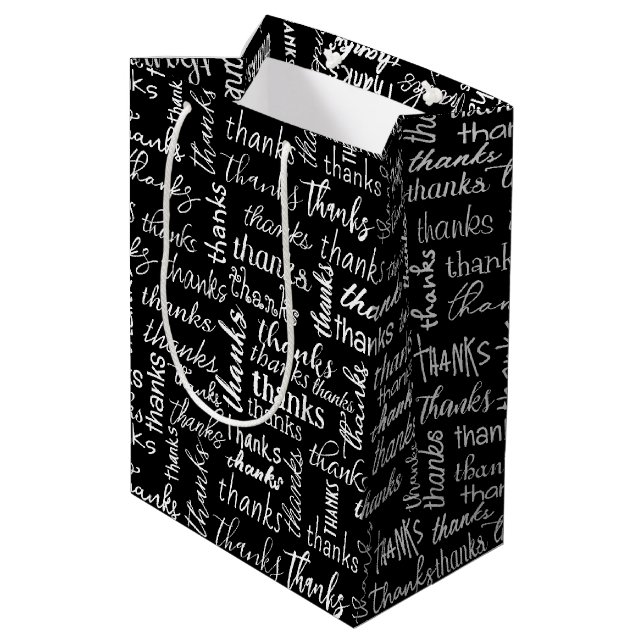 Many Thanks White Text On Black Medium Gift Bag (Back Angled)