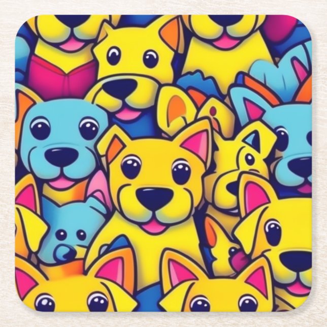 Many yellow dogs happy dogs square paper coaster (Front)