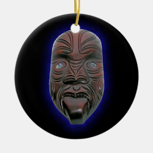 Maori Carved Mask Ceramic Tree Decoration (Front)