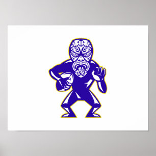 Maori Mask Rugby Player Running With Ball Fending Poster