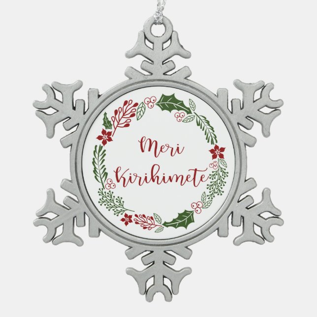Māori Merry Christmas Wreath, Meri Kirihimete Snowflake Pewter Christmas Ornament (Front)