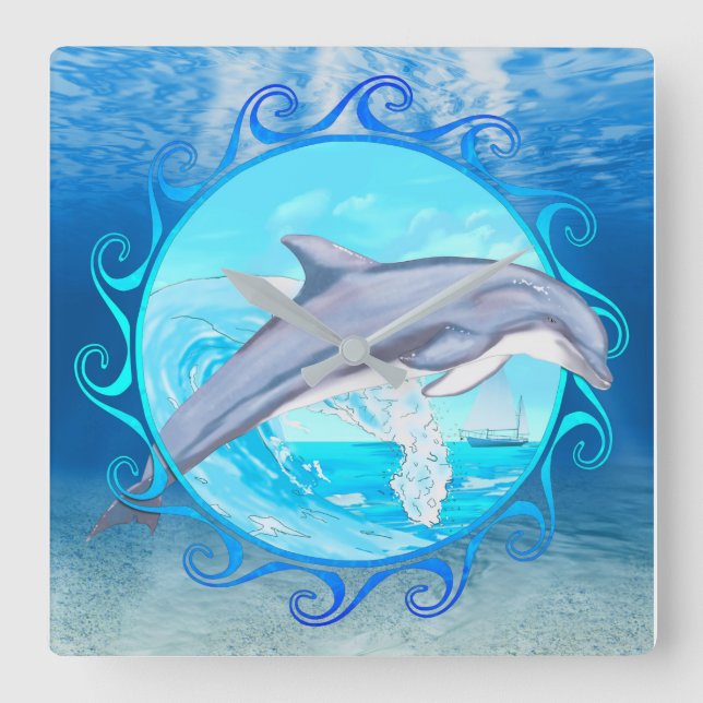 Maori Sun Dolphin Square Wall Clock (Front)