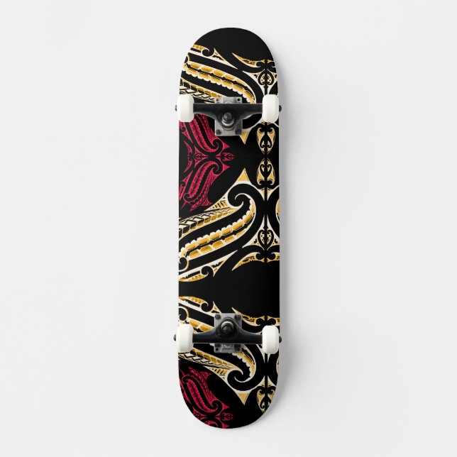 Maori traditional moko design in red& yellow skateboard (Front)