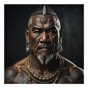 Maori Warrior Chief with Face Tattoos Poster