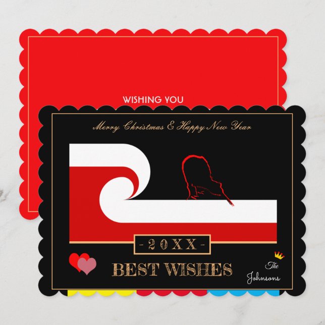 Maori Wave & Zealand Flag Happy New Year Wishes Holiday Card (Front/Back)