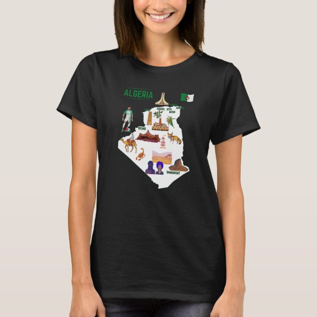 Map Of Algeria Landmarks Major Cities Flag T-Shirt (Front)