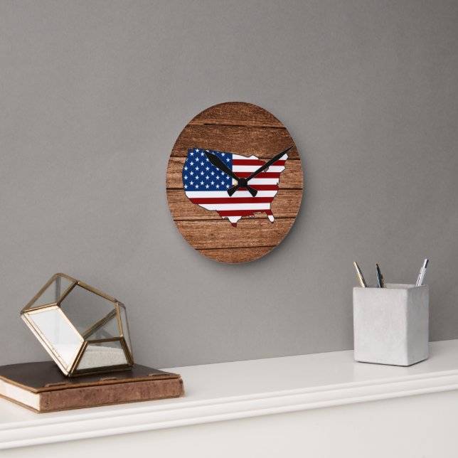 Map of America Flag of America Wooden Surface Round Clock (Office)