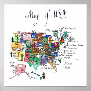 Map of Attractions of United States of America Poster