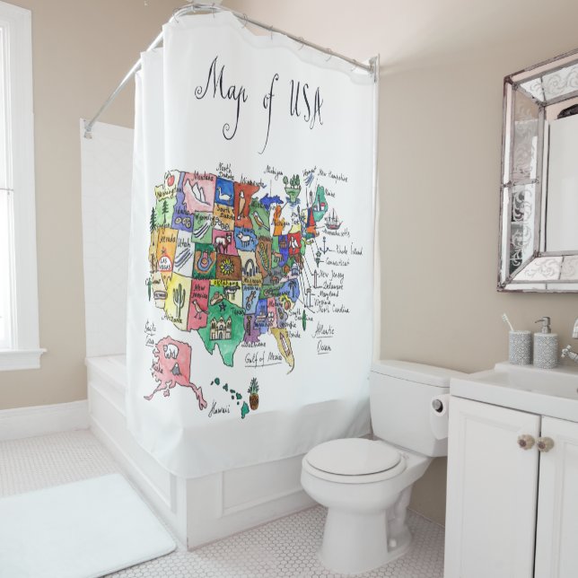 Map of Attractions of United States of America Shower Curtain (In Situ)