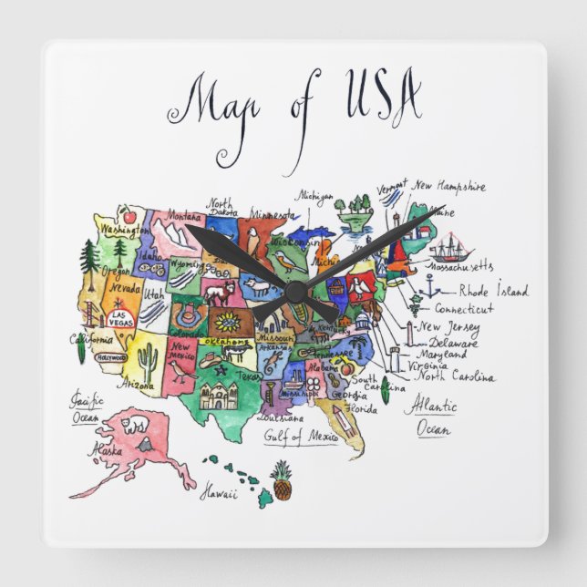 Map of Attractions of United States of America Square Wall Clock (Front)