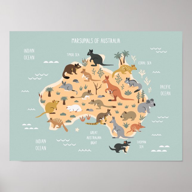 Map of Australian marsupials kids Poster (Front)