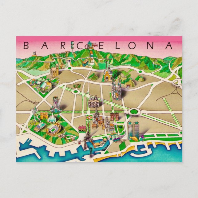  Map of Barcelona Spain Postcard (Front)