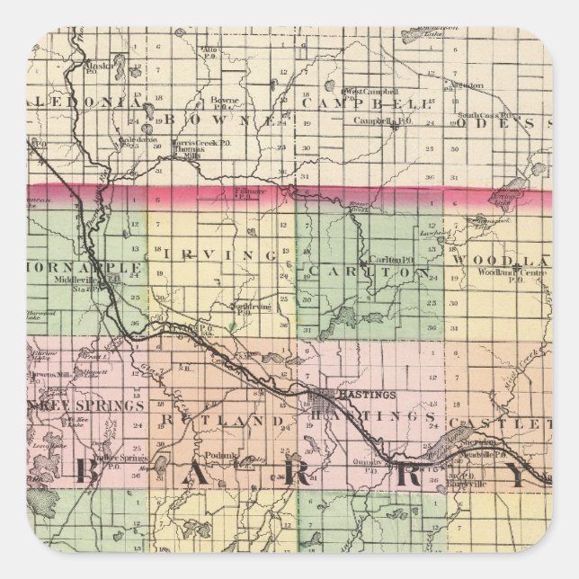Map of Barry County, Michigan Square Sticker (Front)