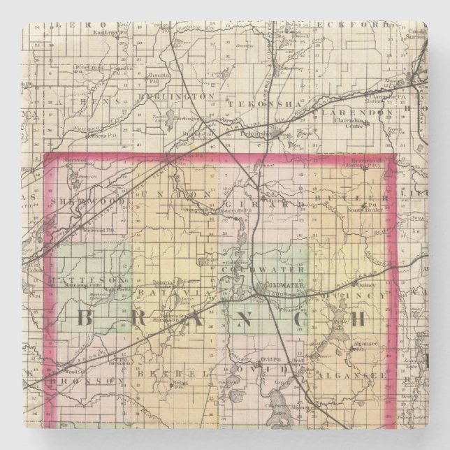 Map of Branch County, Michigan Stone Coaster (Front)