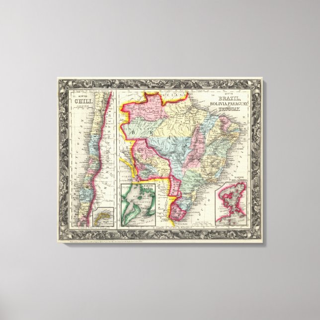 Map Of Brazil, Bolivia, Paraguay, And Uruguay Canvas Print (Front)