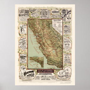 Map of California Bicycle Roads - 1895 Poster