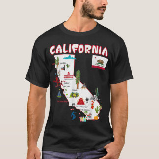 Map of California Landmarks, major cities, flag  T-Shirt