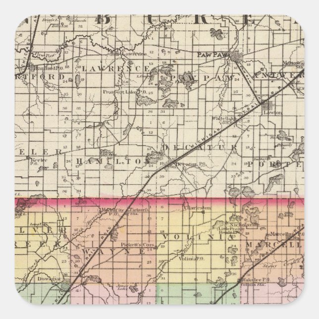 Map of Cass County, Michigan Square Sticker (Front)