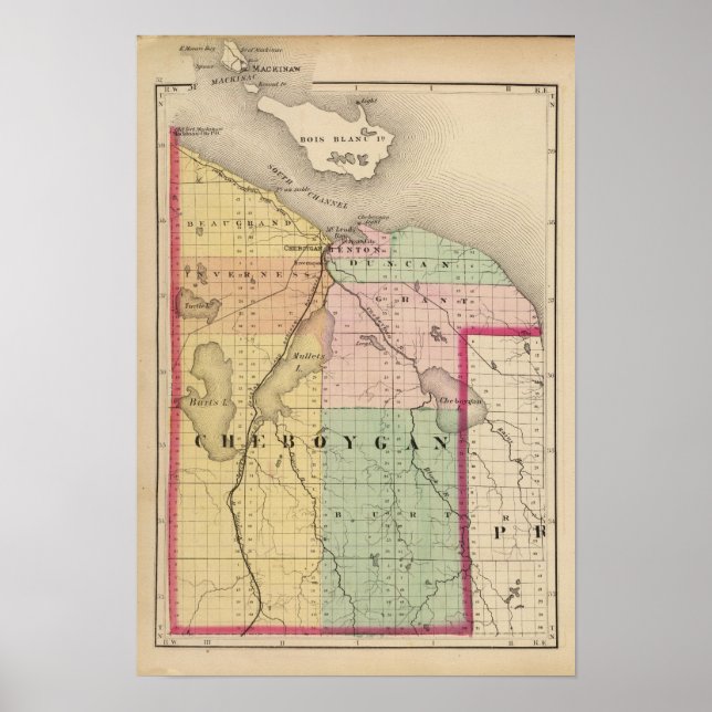 Map of Cheboygan County, Michigan Poster (Front)