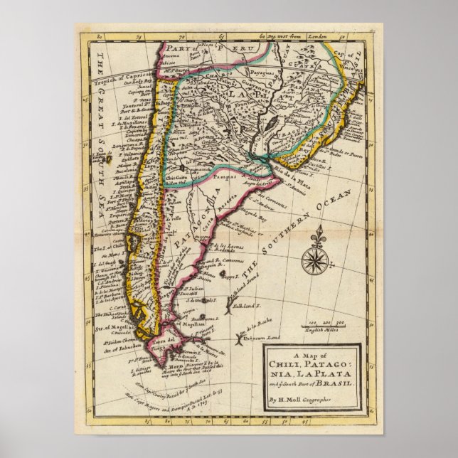 Map of Chilli, Patagonia, La Plata Poster (Front)