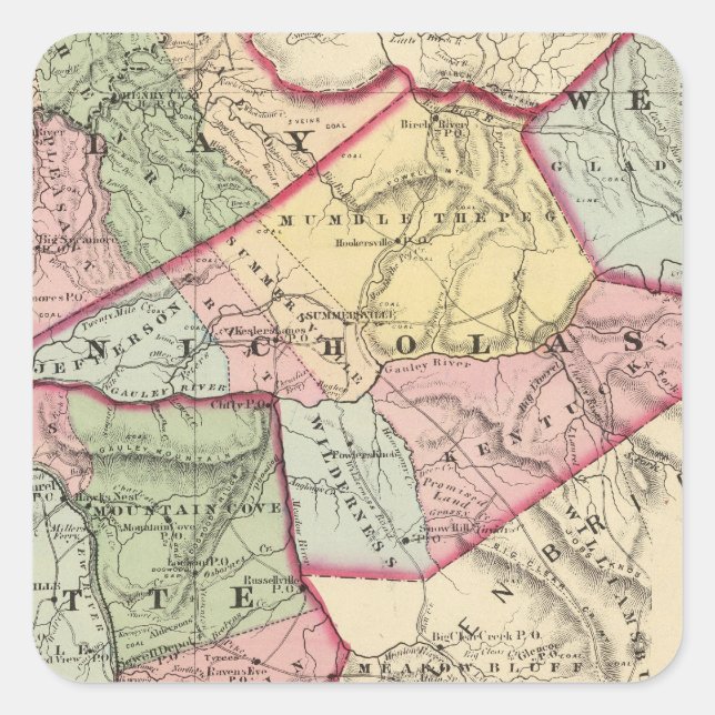 Map of Clay, Webster, Nicholas, Fayette counties Square Sticker (Front)