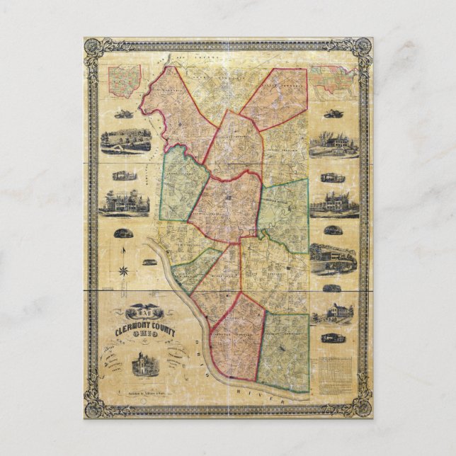 Map of Clermont County Ohio (1857) Postcard (Front)