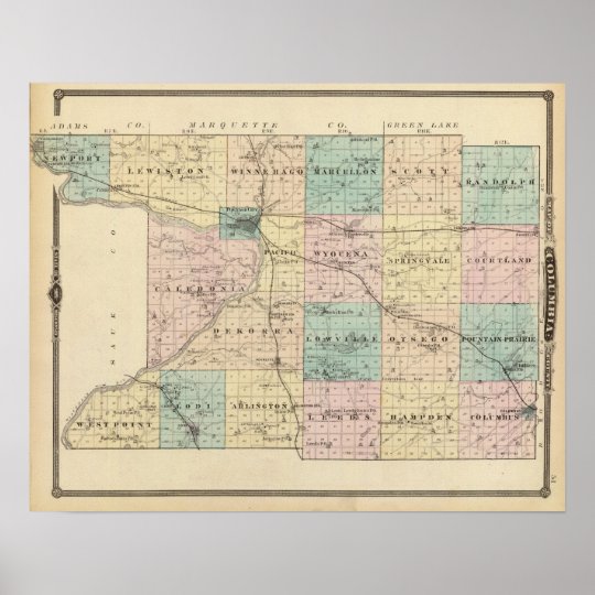 Map Of Columbia County, State Of Wisconsin Poster 