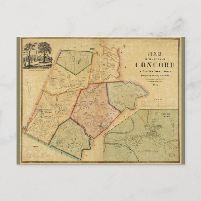 Map of Concord Massachusetts (1852) Postcard (Front)