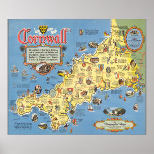 Map of Cornwall, England Poster