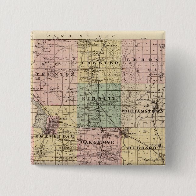 Map of Dodge County, State of Wisconsin 15 Cm Square Badge (Front)