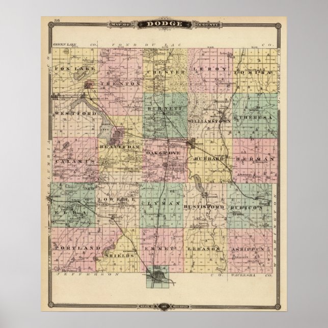 Map of Dodge County, State of Wisconsin Poster (Front)