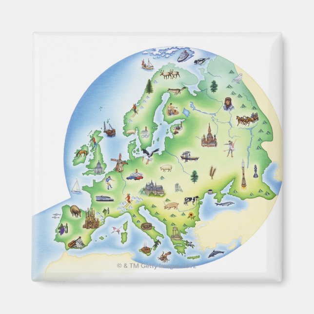 Map of Europe with illustrations of famous Magnet (Front)