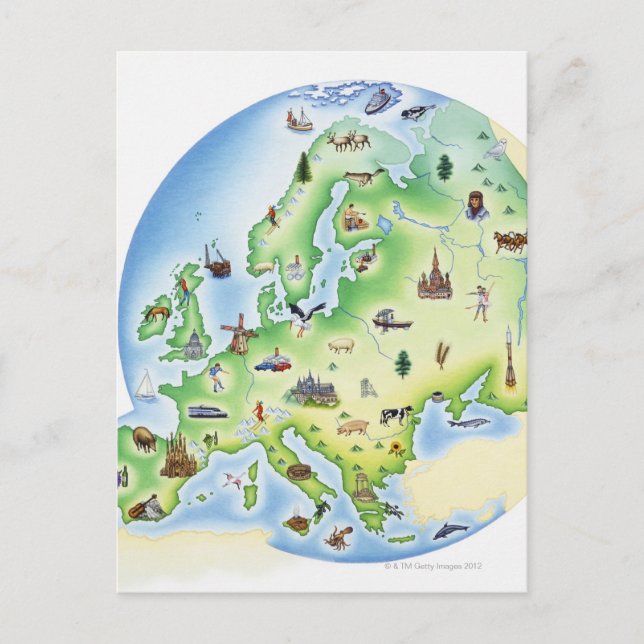 Map of Europe with illustrations of famous Postcard (Front)