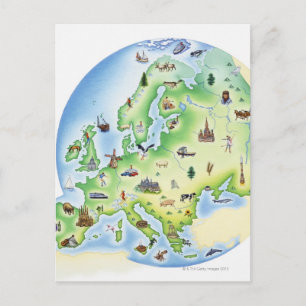 Map of Europe with illustrations of famous Postcard
