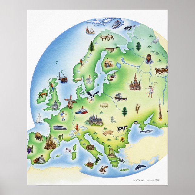 Map of Europe with illustrations of famous Poster (Front)
