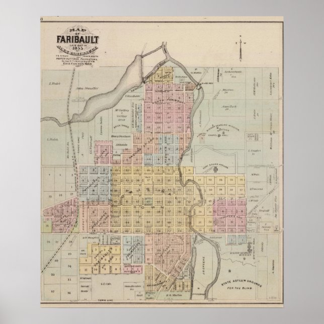 Map of Faribault, Rice County, Minnesota Poster (Front)