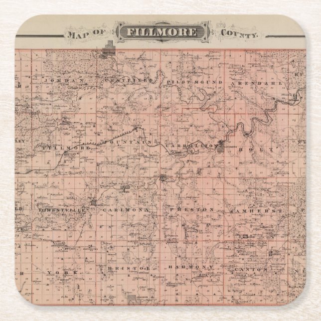 Map of Fillmore County, Minnesota Square Paper Coaster (Front)