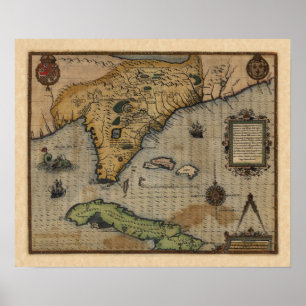 Map of Florida and the Caribbean (1588) Poster